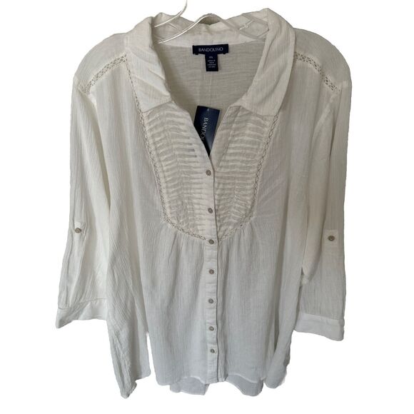 Peasant Top Blouse White Plus Size XXL Pleated Buttons Tunic Shirt Sheer Summer - Picture 2 of 13